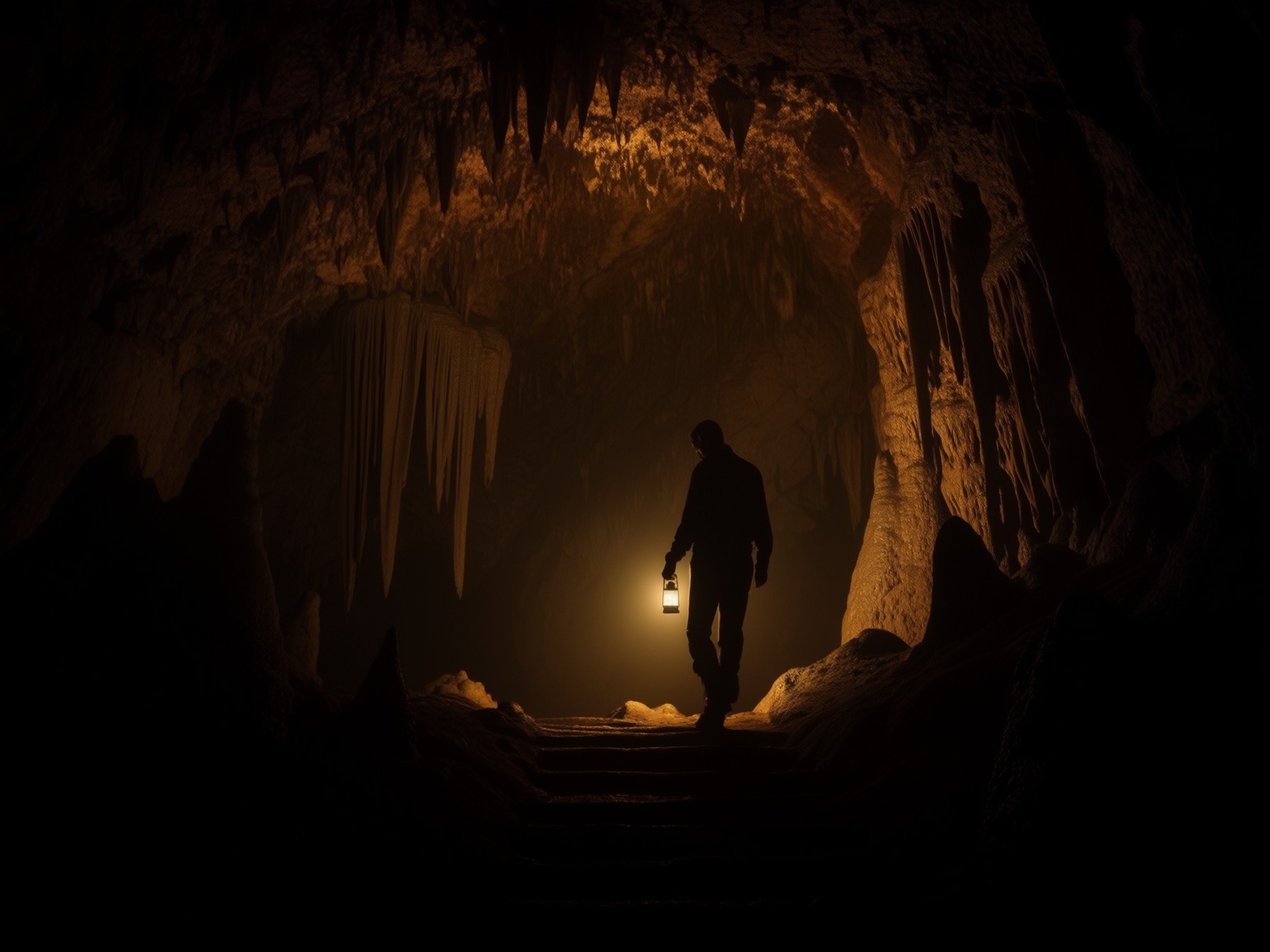 A figure with a lantern walking down into a cave